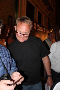 Jonesborough Mayor Kelly Wolfe checks early election results early Tuesday evening. (Photo by Jeff Keeling)