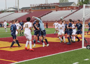 A cross from the right wing is loose just before John Huffman nets the game's first goal. (Photo by Jeff Keeling)