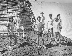 Album cover? No, just ETSU distance runners in front of the unfinished mini dome in the mid-1970s. (Contributed)
