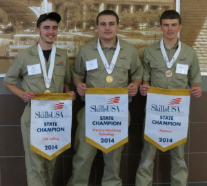 Champions in the state competition included Zeth Flores (CNC Milling), Hayden Rambaud (Precision Machining) and Christian King (Masonry).