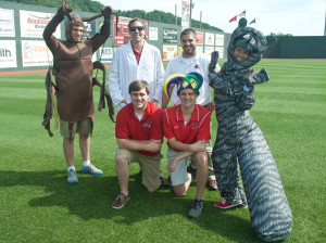 The Cardinals front office staff is all about the fun: Back row (L-R) P.J. Carr in the bug costume, Billy Quinlan, Tyler Parsons, Jacqui Simes in the raccoon costume. Front row: (L-R) Zac Clark and Graham Hartman.