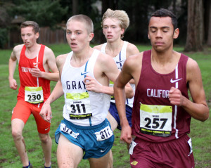 Adam Barnard, number 311, midway through the race with (left to right) fellow top finishers Eric Hamer (fourth), Benjamin Veatch (seventh) and Caleb Webb (third). Photo by Eric Roth