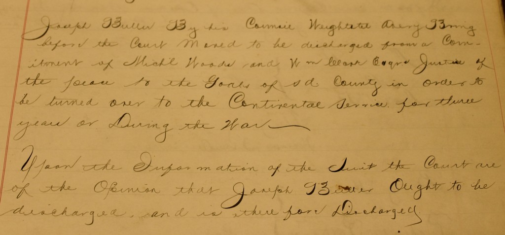 1778 record showing the jail commutation request of Joseph Buller that was granted in exchange for his military service.