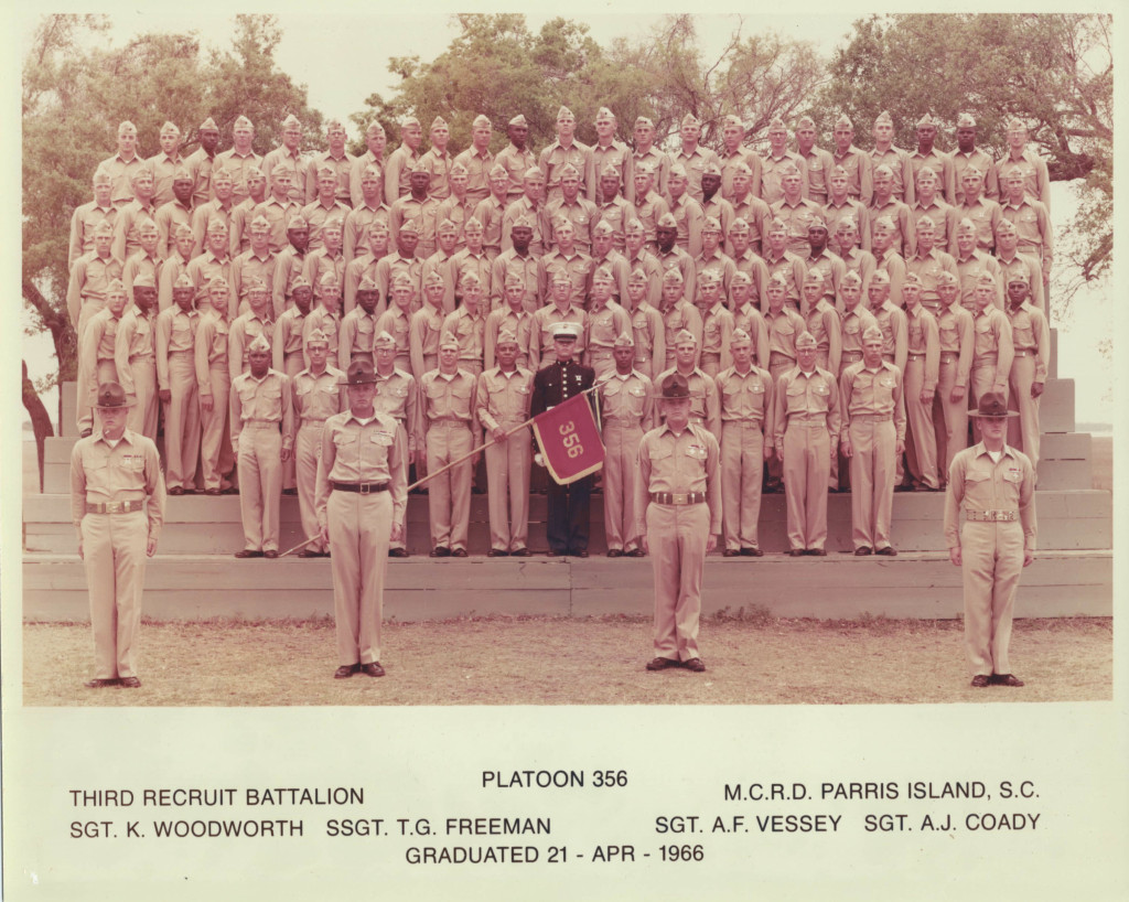 Kirby Bradford's unit at Camp Lejeune Basic Training. Kirby is seventh from the left in the third row.