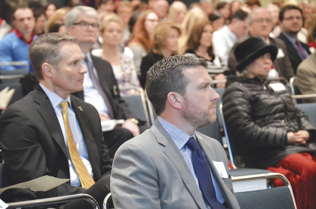 Dr. Brian Noland, ETSU president and Jerry Caldwell, Bristol Motor Speedway general manager listen during the forum. Photo by Scott Robertson