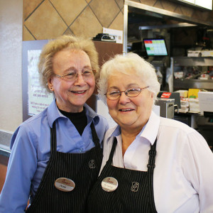 Nearly 160 years of life experience in one cute package: Chick-fil-A’s Nola Sams, left, and Carolyn Pickens. Photo by Jeff Keeling