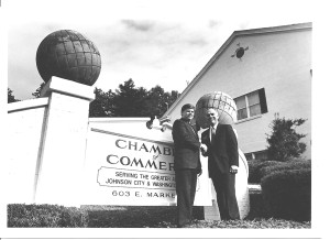 The Chamber moved from its downtown headquarters to bigger digs near city hall. Shown here are 1990 Chamber Board Chair Dr. Richard Manahan and Chamber President Gary Mabrey.