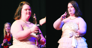 Casey Ecker signs and signs to Amy Grants ‘Don’t Try So Hard’ for her talent performance; Ecker receives her trophy.