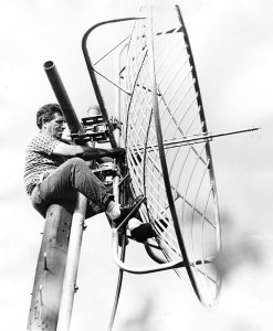 Station manager Dick Ellis installing the station’s first satellite in 1980. Photo courtesy ETSU archives.