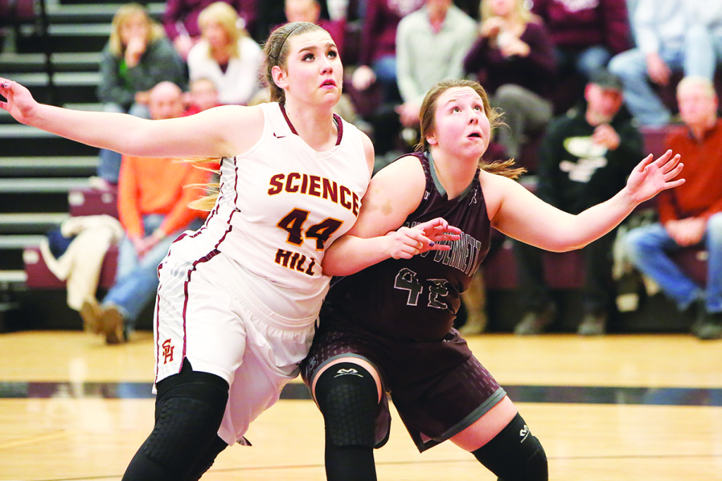 Science Hill’s LeAnn Scharberg, left, fights for position in the paint.