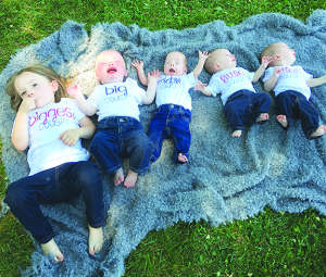 Pictured here (from left to right): Ava Grace Marrs Bowling (July 2013); Carter Marrs Paduch (January); Steven Charles Marrs Kipfer (March); Addison Renee Marrs Bowling (March); Annabelle Lynne Marrs Bowling (March)