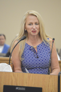 Washington County Director of Schools Kimber Halliburton addresses the county commission. Photo by Scott Robertson