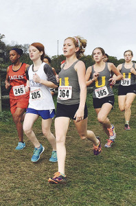 Cora Alison (front left, bib 364), Ali Burns (365) and Bekah Owen (370) run together at last year’s state championships. Contributed photo