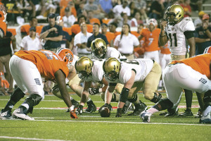 Army quarterback Malik McGue, shown stepping to the line, hit a receiver in stride for a 39-yard touchdown against UTEP Sept. 17. Photo courtesy U.S. Military Academy.