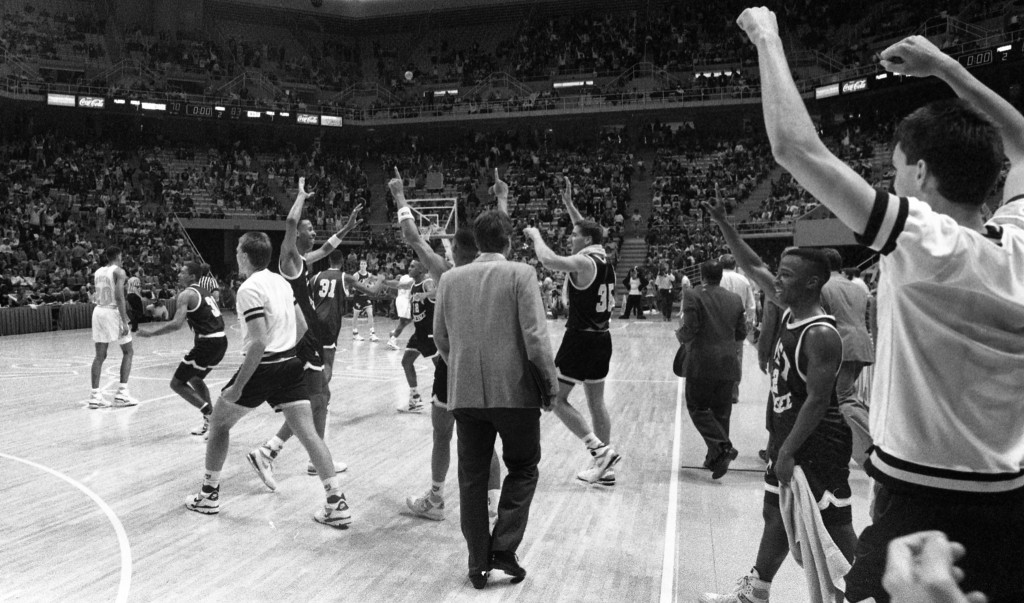 ETSU celebrates after their first win over Tennessee in program history in 1989.Photos Courtesy of ETSU Athletics
