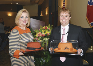 Tembra Aldridge, left, and Andy Dietrich were honored at the event for their leadership in gaining new Chamber members. Dietrich’s Gold team added 77 new members while Aldridge’s Orange team added 36 new members. A total of 288 new members were added in last year’s membership event.