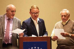 Jonesborough Town Administrator Bob Browning, Jonesborough Mayor Kelly Wolfe and Don Squibb performed their rendition of “Accentuate the Positive” during Wolfe’s speech at the Johnson City Chamber of Commerce luncheon. Photo by Collin Brooks