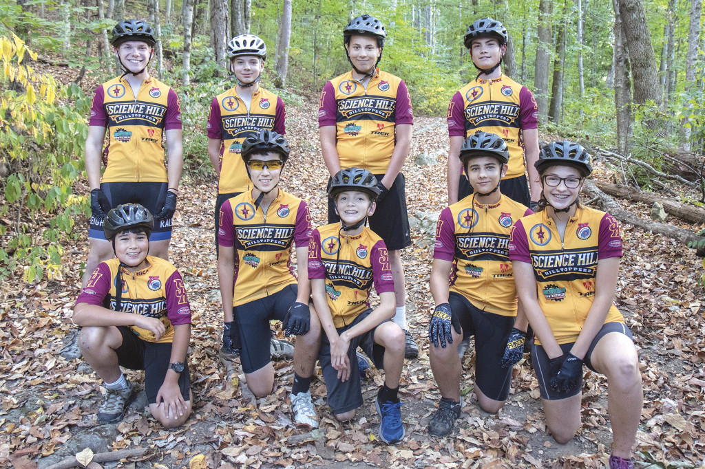 Science Hill’s mountain biking team is wrapping up its first year of competition. Top row, left to right: Ryan Graybeal, Cameron Johnson, Andy Morgus, Parker Morgan. Bottom row, left to right: Bryant Magnus, Evan Magnus, Bowen Reed, Jude Farrey, Madi Rowe. PHOTOS BY COLLIN BROOKS