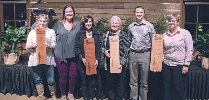Mary Lee Baker, center supervisor; Amanda Hollifield, Memorial Park Community Center operations manager; Kelly Finney, center supervisor; Vice Mayor Jenny Brock; Sam Miller, recreation services manager; and Rachel Evans, aquatics supervisor with their awards. Contributed
