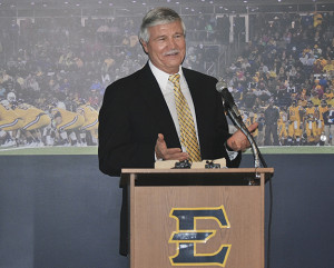 ETSU football coach Carl Torbush speaks during his retirement press conference last Friday at William B. Greene Jr. Stadium. PHOTOS BY DAVE ONGIE