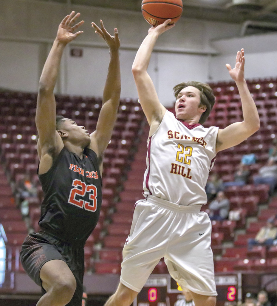 Science Hill’s David Bryant rises up to shoot a jumper over Fern Creek’s Tony Rogers last Thursday at the Arby’s Classic. Photos by Robert Kell, creativestoryvisuals.com