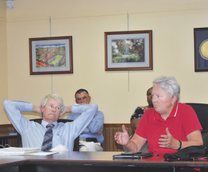 Ralph Van Brocklin (left) looks on as Vice-Mayor Jenny Brock discusses the educational component of the Sesquicentennial Commission's proposed monthly celebrations during an agenda review meeting. PHOTOS BY DAVE ONGIE