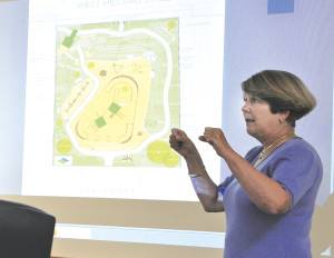 Marcy Walker presents the Sesquicentennial Commission's ideas for a legacy project during last Monday's meeting.