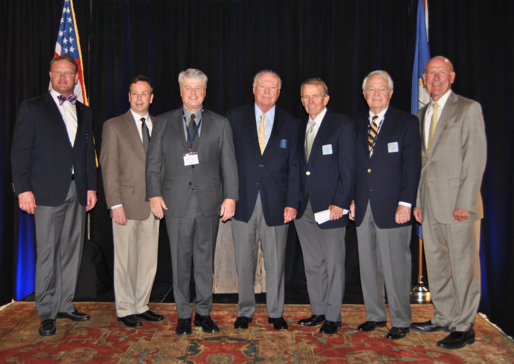 From left, Club Manager of The Olde Farm Marc Eubanks, Mountain Mission President Chris Slone, Gregory Pharmaceuticals CEO Jefferson Gregory, Olde Farm founder Jim McGlothlin, former PGA Tour commissioner Tim Finchem, tournament director Ted Wood and Food City President and CEO Steve Smith were on hand for the press conference that launched The American Legends for Mountain Mission Kids on April 25. PHOTO BY DAVE ONGIE