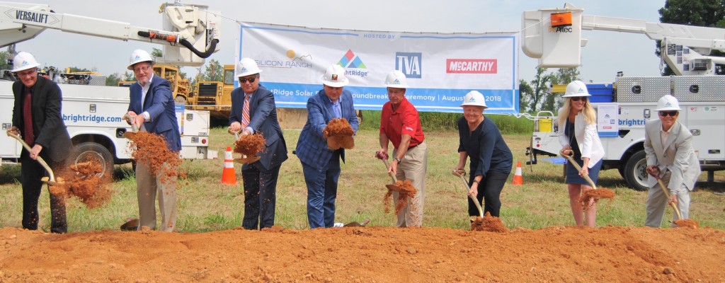 From left, BrightRidge CEO Jeff Dykes; Bob Cantler, vice-chair of the BrightRidge board of directors; Matt Kisber, CEO of Silicon Ranch; Dave Riken of McCarthy Building Companies; BrightRidge board member and Washington County mayor-elect Joe Grandy; BrightRidge board member and Johnson City vice-mayor Jenny Brock; Laura Duncan TVA senior program manager and Gary Mabry, president and CEO of the Johnson City Chamber of Commerce break ground on a new solar farm that will be constructed near David Crockett High School. PHOTO BY DAVE ONGIE