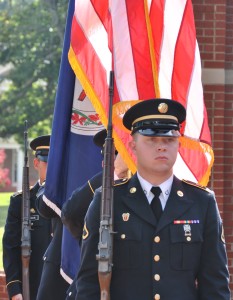 Members of the Virginia National Guard post the colors during a ceremony on the campus of Emory & Henry College in Emory, Virginia last Thursday. PHOTO BY DAVE ONGIE