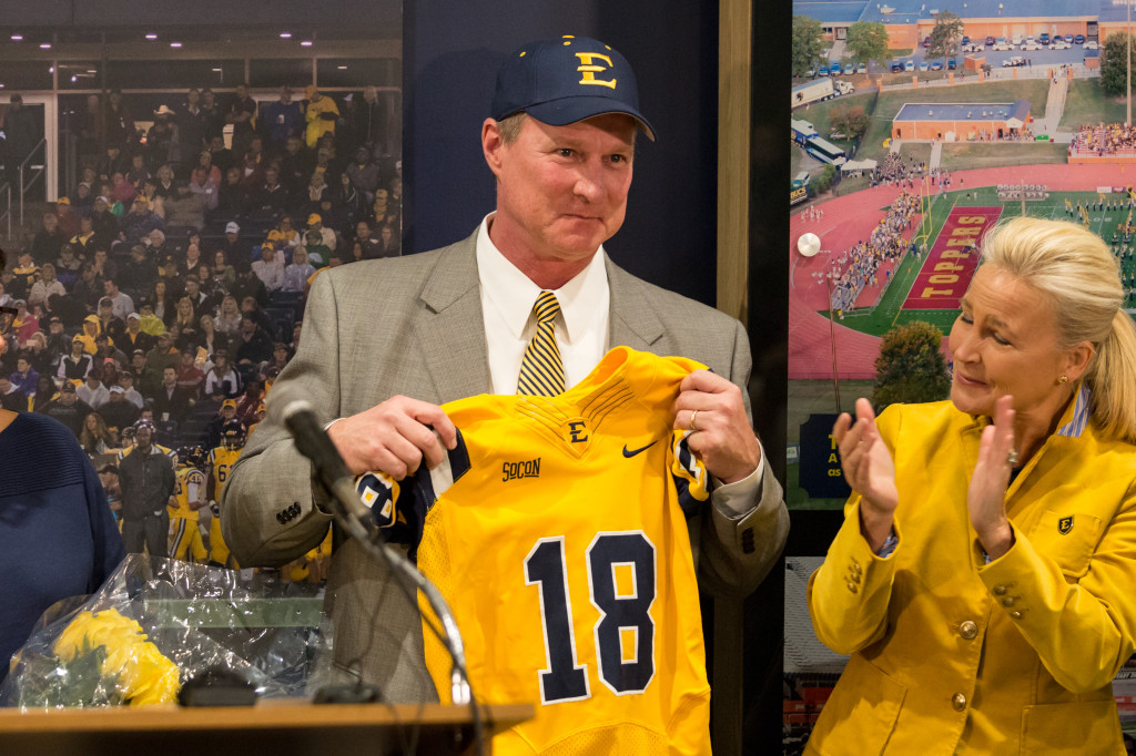 New ETSU head football coach Randy Sanders will lead the Bucs into battle for the first time this Saturday inside William B. Greene Jr. Stadium. Kickoff against Mars Hill is set for 7:30 p.m. PHOTO BY DAKOTA HAMILTON