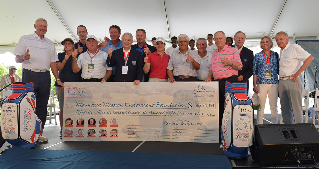 The American Legends for Mountain Mission Kids golf tournament raised $56.6 million for the Mountain Mission School, which is located in Grundy, Virginia. From left to right: Jerry West, Betsy King, Peyton Manning, Lanny Wadkins, Dan Marino, Ted Wood, Marc Eubanks, Lorena Ochoa, Lee Trevino, Gary Player, Jack Nicklaus, Jim McGlothlin, Fran McGlothlin and Tim Finchem. CONTRIBUTED