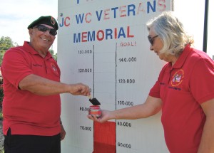 Moe Baines and Ann Wooden prepare to add the state money toward the group's fundraising goal. Phase III will greatly increase the number of veterans honored at the memorial. PHOTO BY DAVE ONGIE