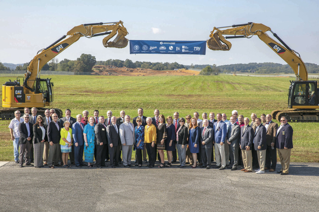 Representatives of the Tri-Cities Airport Authority; the Cities of Bristol, Kingsport and Johnson City; and Sullivan County and Washington County; as well as State of Tennessee officials, celebrate the next phase of development for Aerospace Park. Photo by Randy Gentry, Fresh Air Photographics, courtesy Tri-Cities Airport