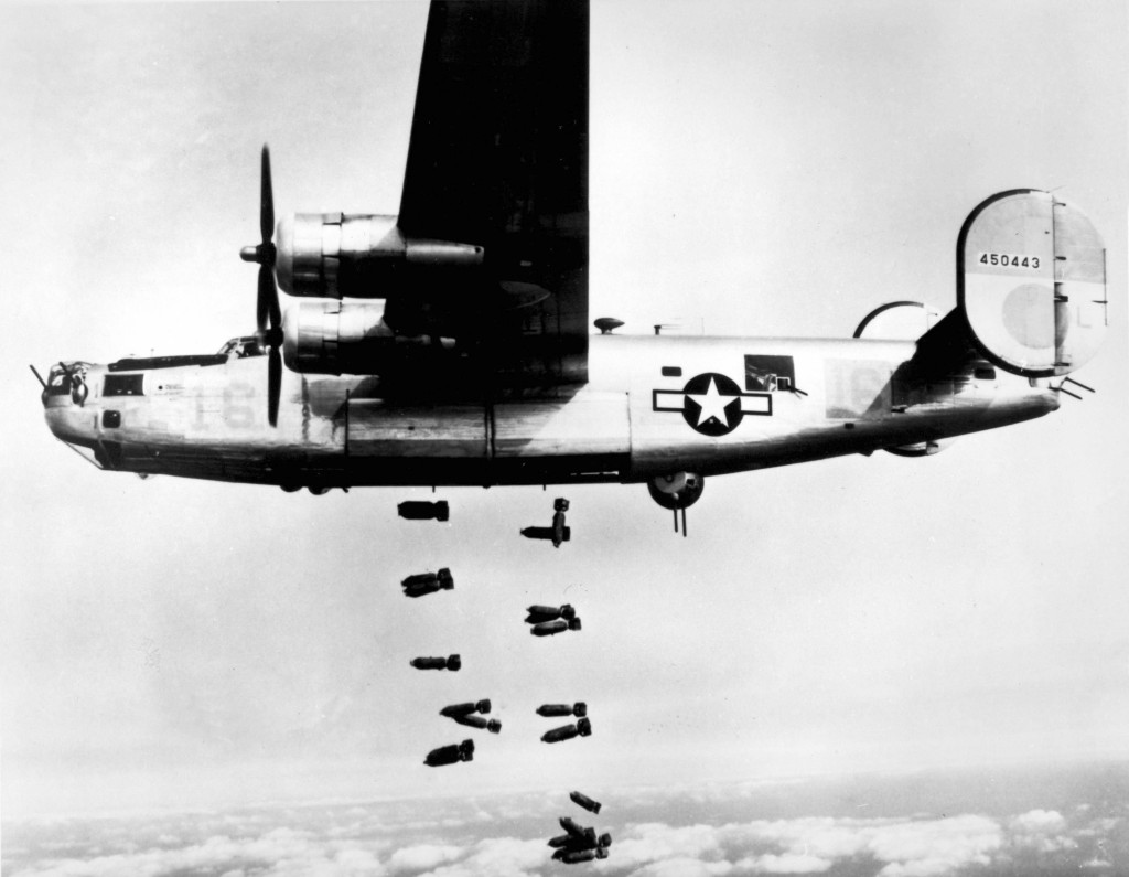 A B-24 Liberator bomber in action. Coleman’s plane was built on a mile-long assembly line in a Ford Motor Plant where workers churned out a plane every 58 minutes. CONTRIBUTED