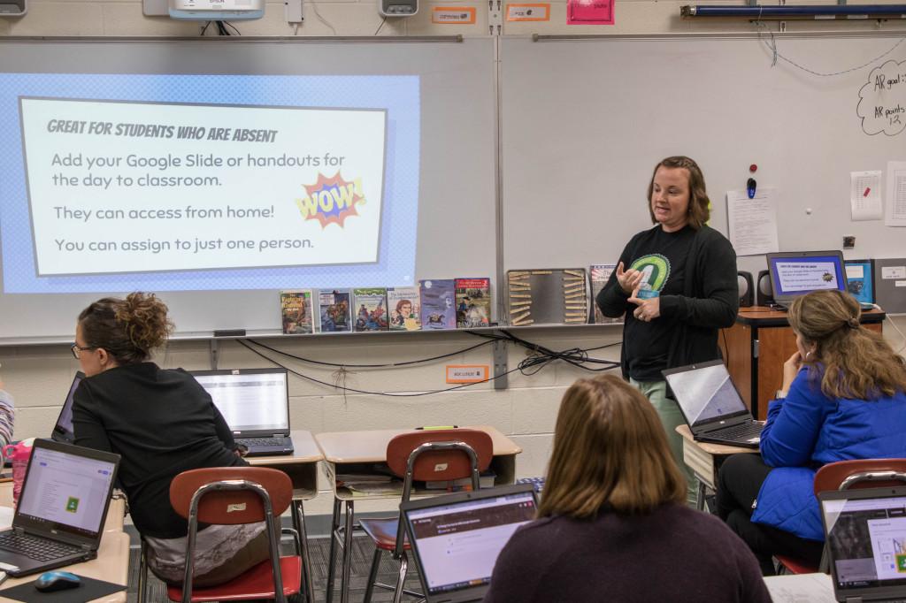 Towne Acres fourth-grade teacher Lauren Temm guides her colleagues through a 25-minute class during a recent professional development session at the school. PHOTO BY COLLIN BROOKS