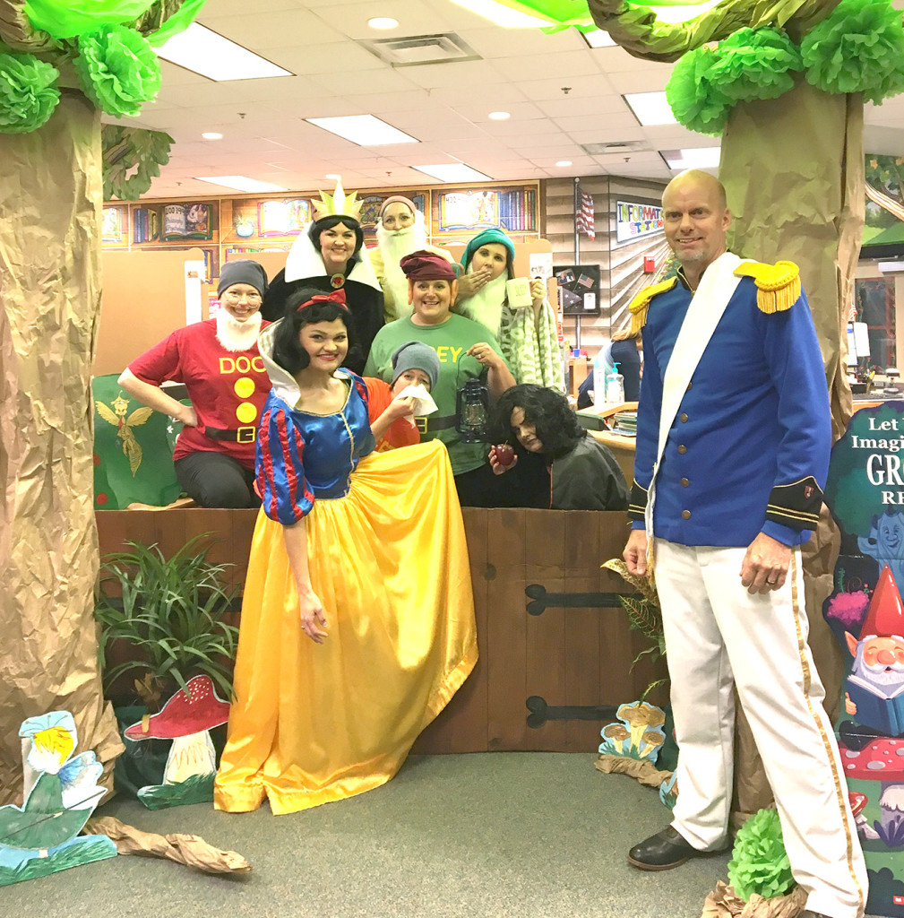 Characters from the classic fairy tale “Snow White” make an appearance at Ridgeview’s Enchanted Evening Family Involvement Night. L to R: Hillary Lambert (K) “Doc”, Kelley Harrell (Principal) “Evil Queen”, Cheryl Honeycutt (4th) “Bashful”, Clanci Tipton (Counselor) “Sleepy”, Rachel Higginbotham (K)”Dopey”, Jennifer Fields (Pre-K) “Sneezy”, Lindsay Carpenter (1st)”Evil Queen as Witch”, Brandi Menge (Instructional Coach) “Snow White”, Darrell Barnwell (Assistant Principal) “Prince Charming”.