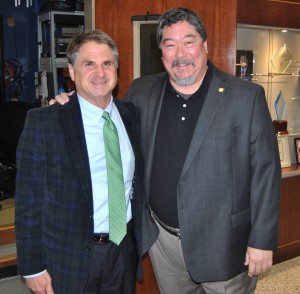 Former Johnson City mayor and commissioner Steve Darden (left) dropped by to congratulate Tomita on his five years on the commission. PHOTO BY DAVE ONGIE