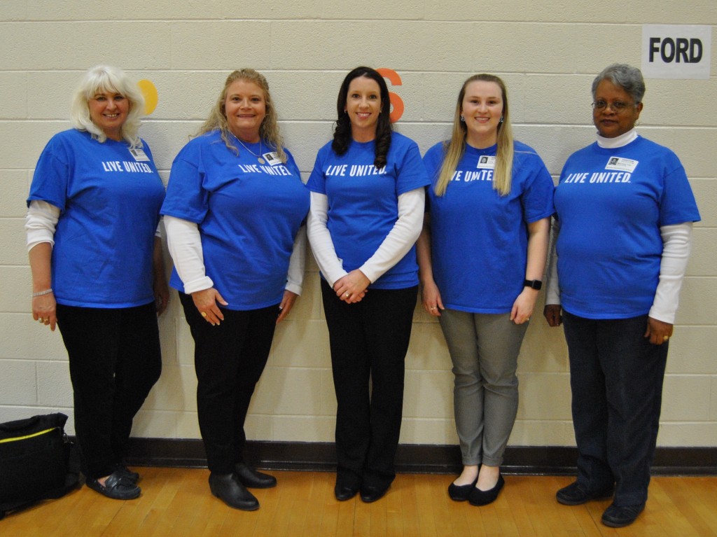 The staff of the United Way of Washington County was on hand at Mountain View Elementary School last Friday as students taking part in the Vello reading program launched by the United Way this fall got the chance to meet their mentors. From left, Karen Lauderdale, Mitzi Malone, Kristin Ginnings, Carly Tucker and Moricina Fain. PHOTO BY DAVE ONGIE